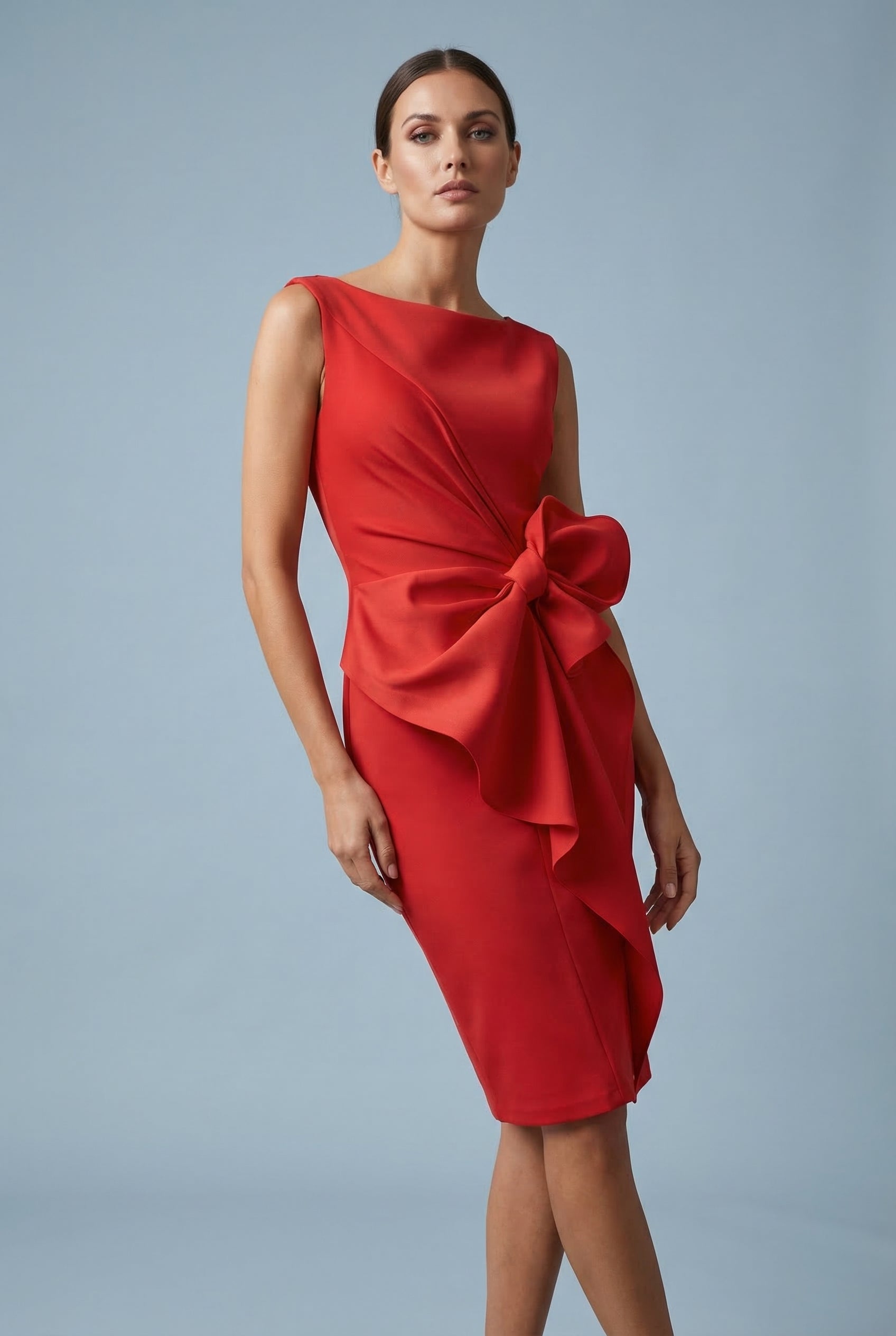 Women's Polyester Cocktail Midi Dress | Elegant Fitted Pencil Dress with Bow Waist Detail 8