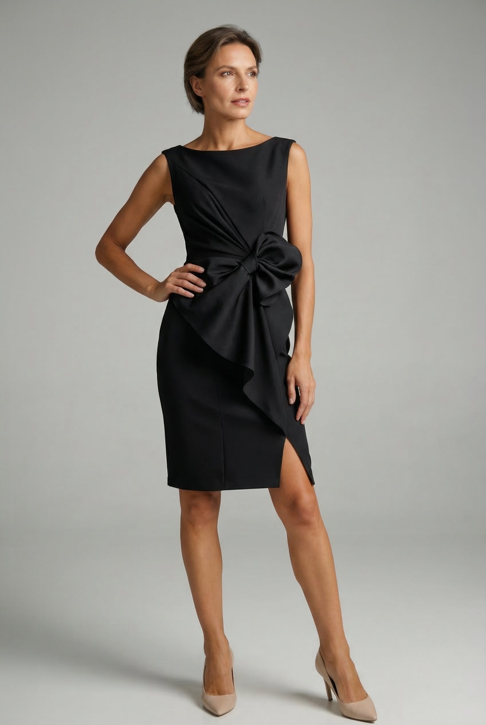 Women's Polyester Cocktail Midi Dress | Elegant Fitted Pencil Dress with Bow Waist Detail 9