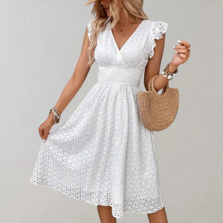 Women's Synthetic Flutter Sleeve Midi Dress | Lightweight Comfortable Summer Dress 0