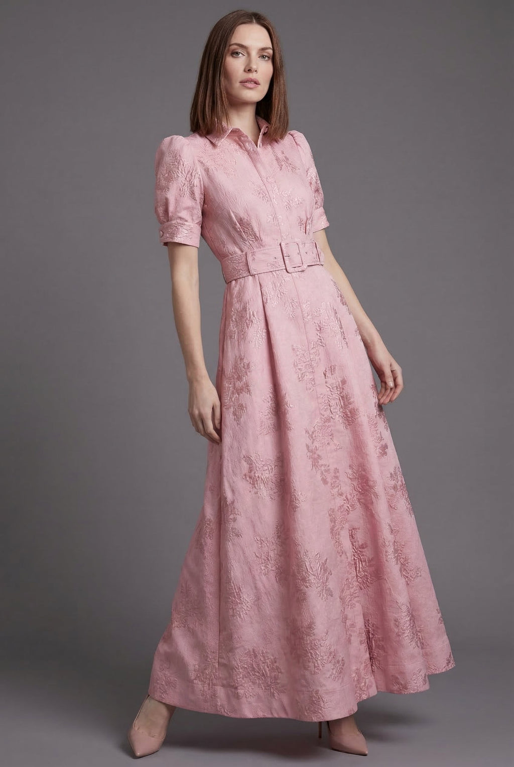 Women's Textured Floral Maxi Dress | Elegant Puff Sleeve Formal Summer Dress 0
