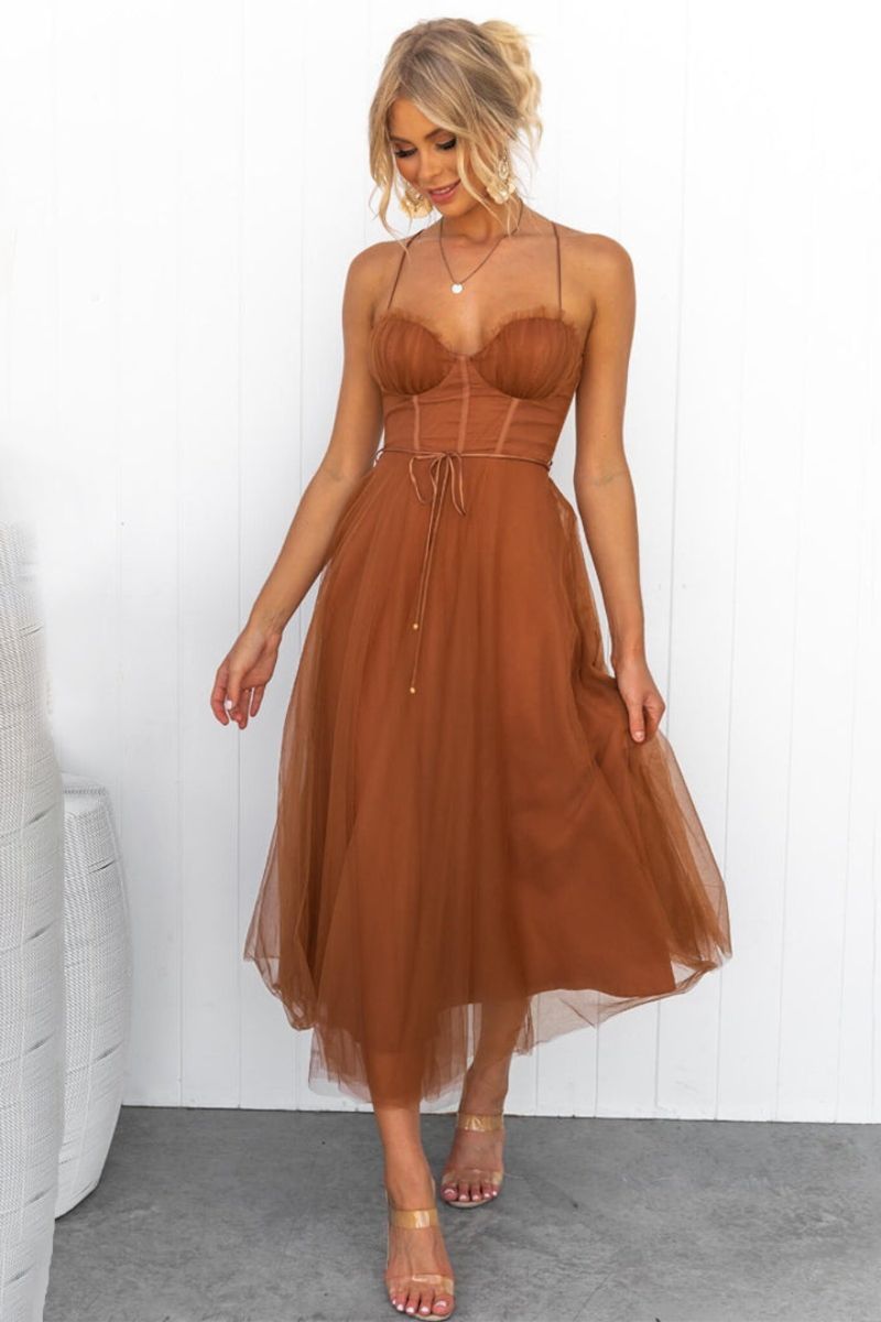 Women's Tulle Midi Dress | Elegant Corset Bodice Cocktail Dress for Formal Occasions 0
