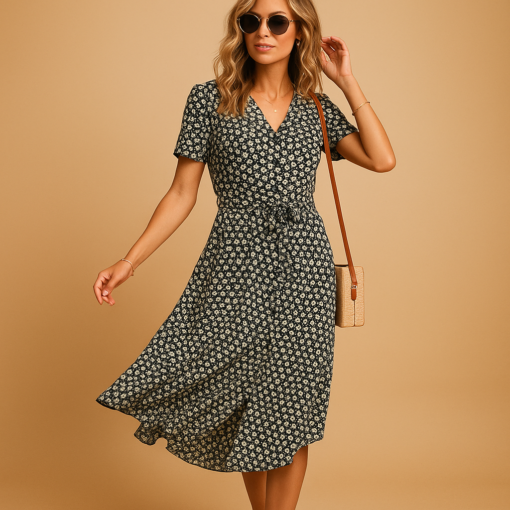 Women's Woven Fabric Midi Dress | Comfortable Tie Waist Summer Dress 0