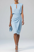 Women's Woven Fabric Midi Dress | Elegant Ruched Sleeveless Cocktail Dress 0