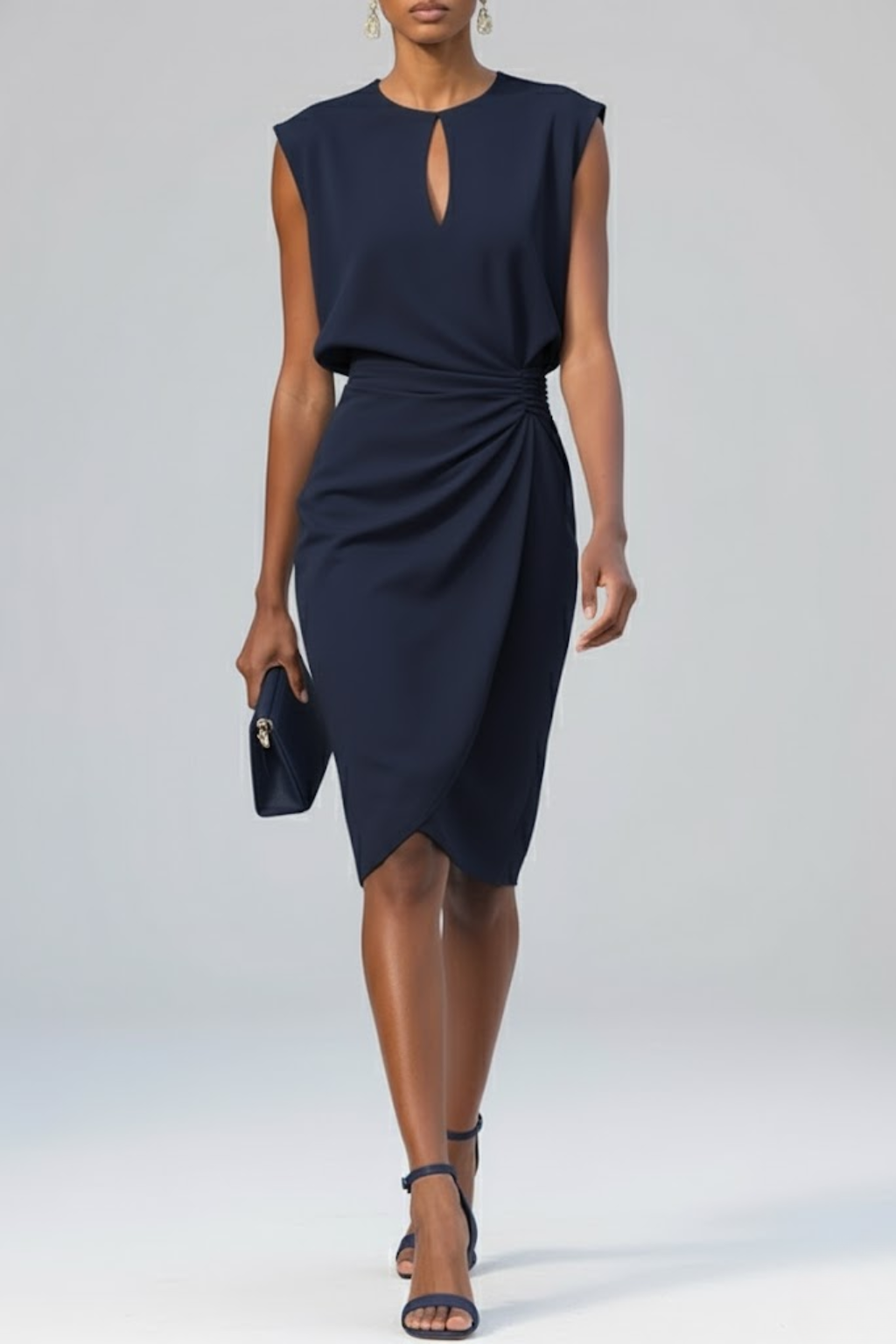 Women's Woven Fabric Midi Dress | Elegant Ruched Sleeveless Cocktail Dress 1