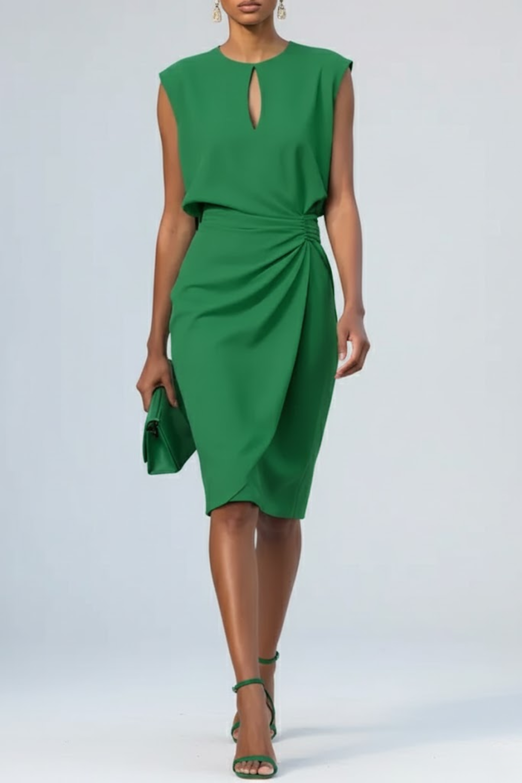 Women's Woven Fabric Midi Dress | Elegant Ruched Sleeveless Cocktail Dress 4