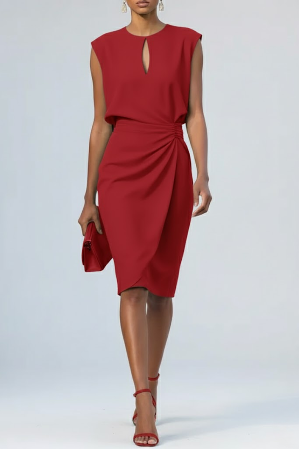 Women's Woven Fabric Midi Dress | Elegant Ruched Sleeveless Cocktail Dress 5