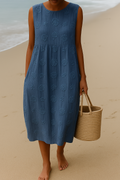 Women's Woven Fabric Midi Dress | Lightweight Comfortable Summer Dress with Textured Embroidered Pattern 0