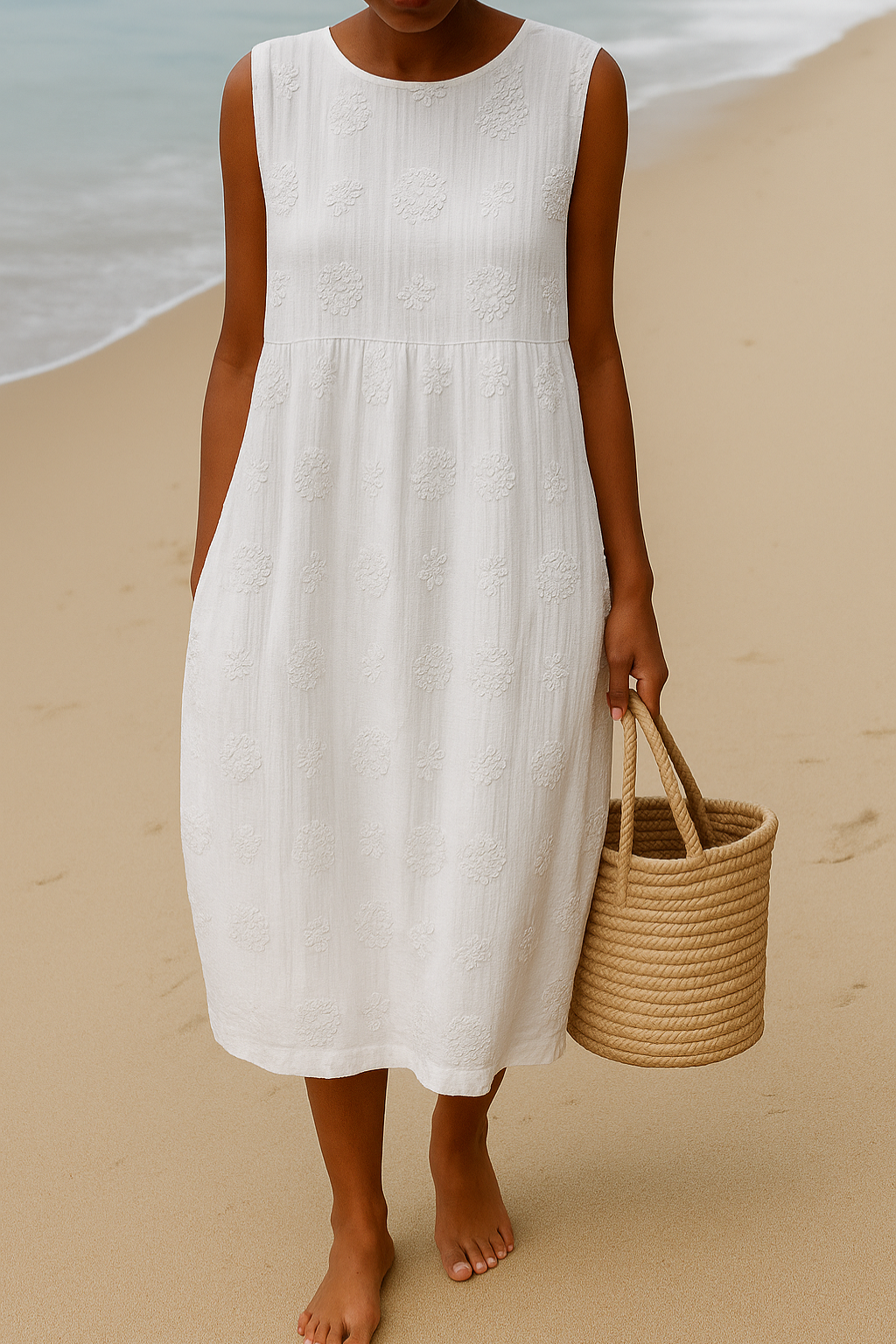 Women's Woven Fabric Midi Dress | Lightweight Comfortable Summer Dress with Textured Embroidered Pattern 2