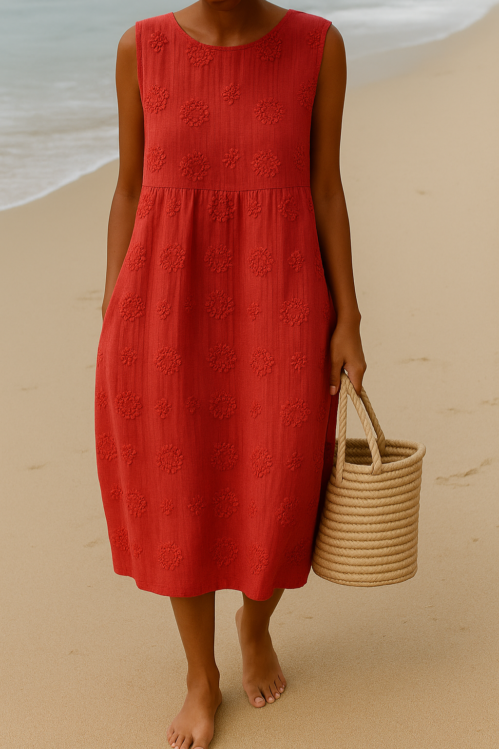 Women's Woven Fabric Midi Dress | Lightweight Comfortable Summer Dress with Textured Embroidered Pattern 3
