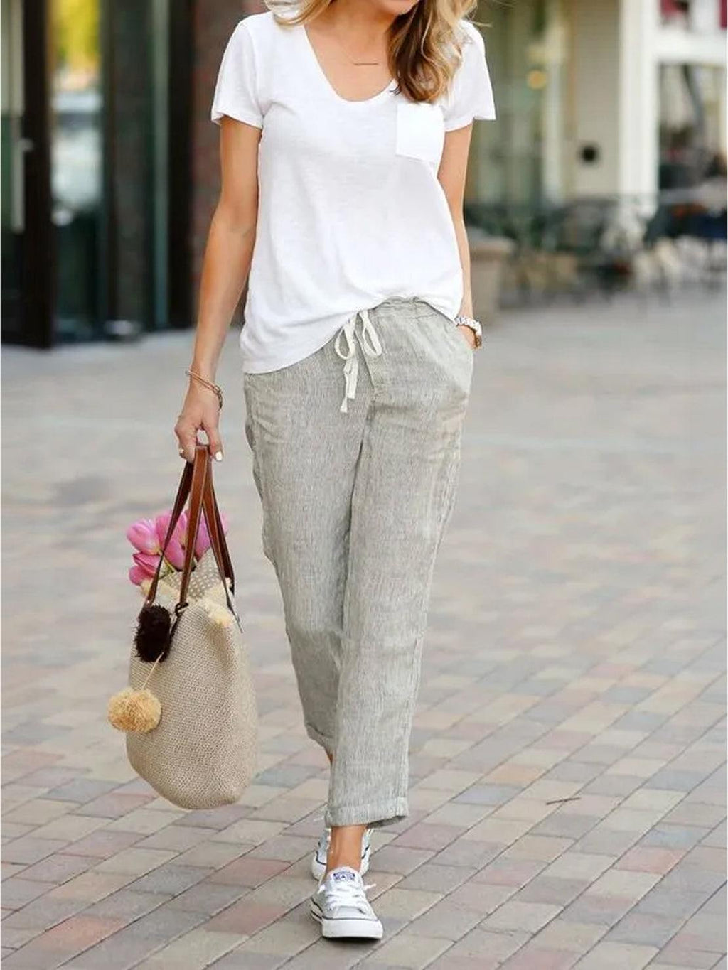 Xelia | Relaxed Tapered Fit Pants with Elasticated Drawstring Waist