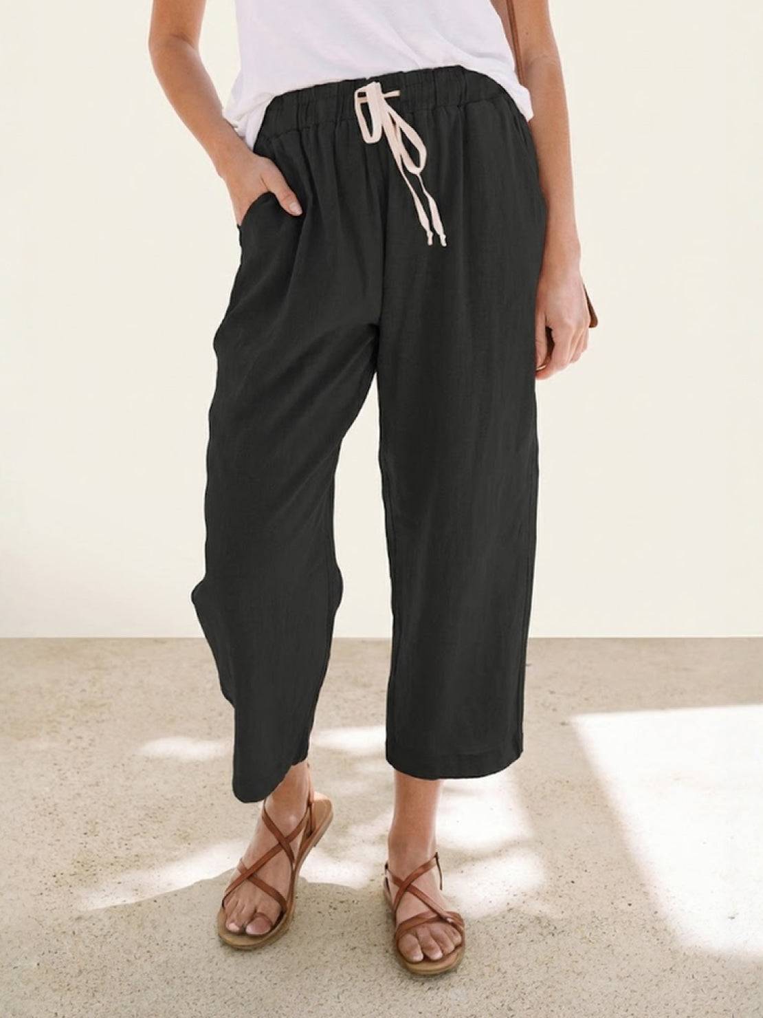 Xelia | Relaxed Tapered Fit Pants with Elasticated Drawstring Waist