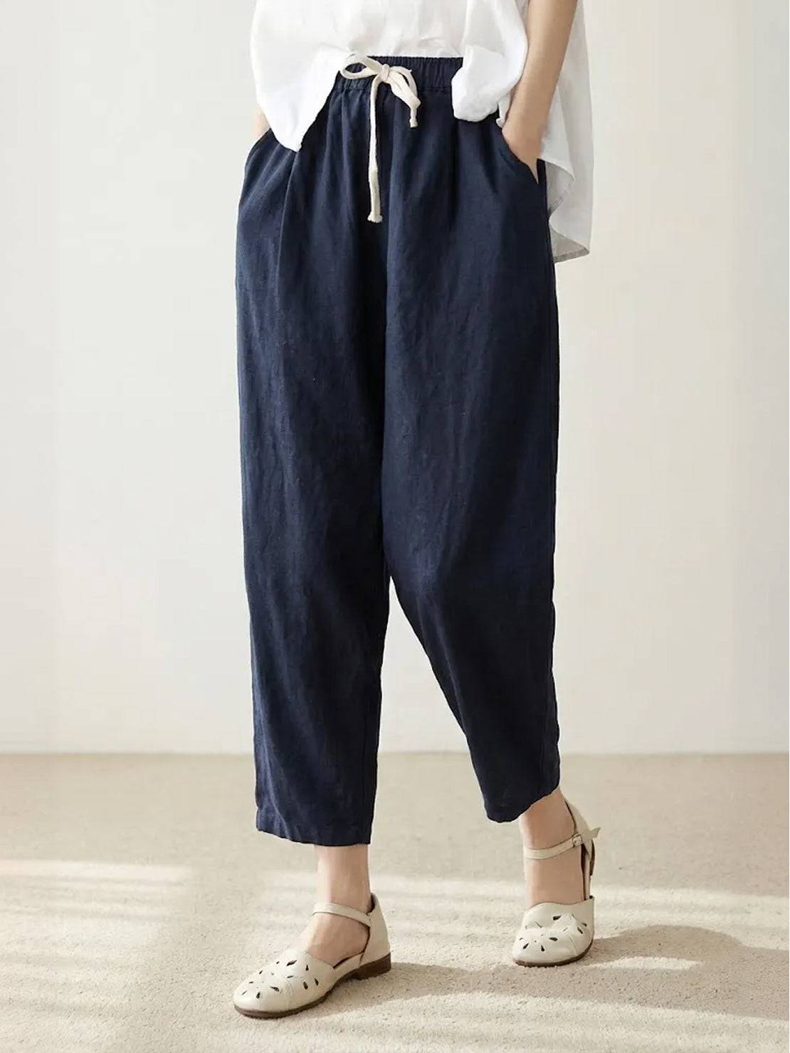 Xelia | Relaxed Tapered Fit Pants with Elasticated Drawstring Waist