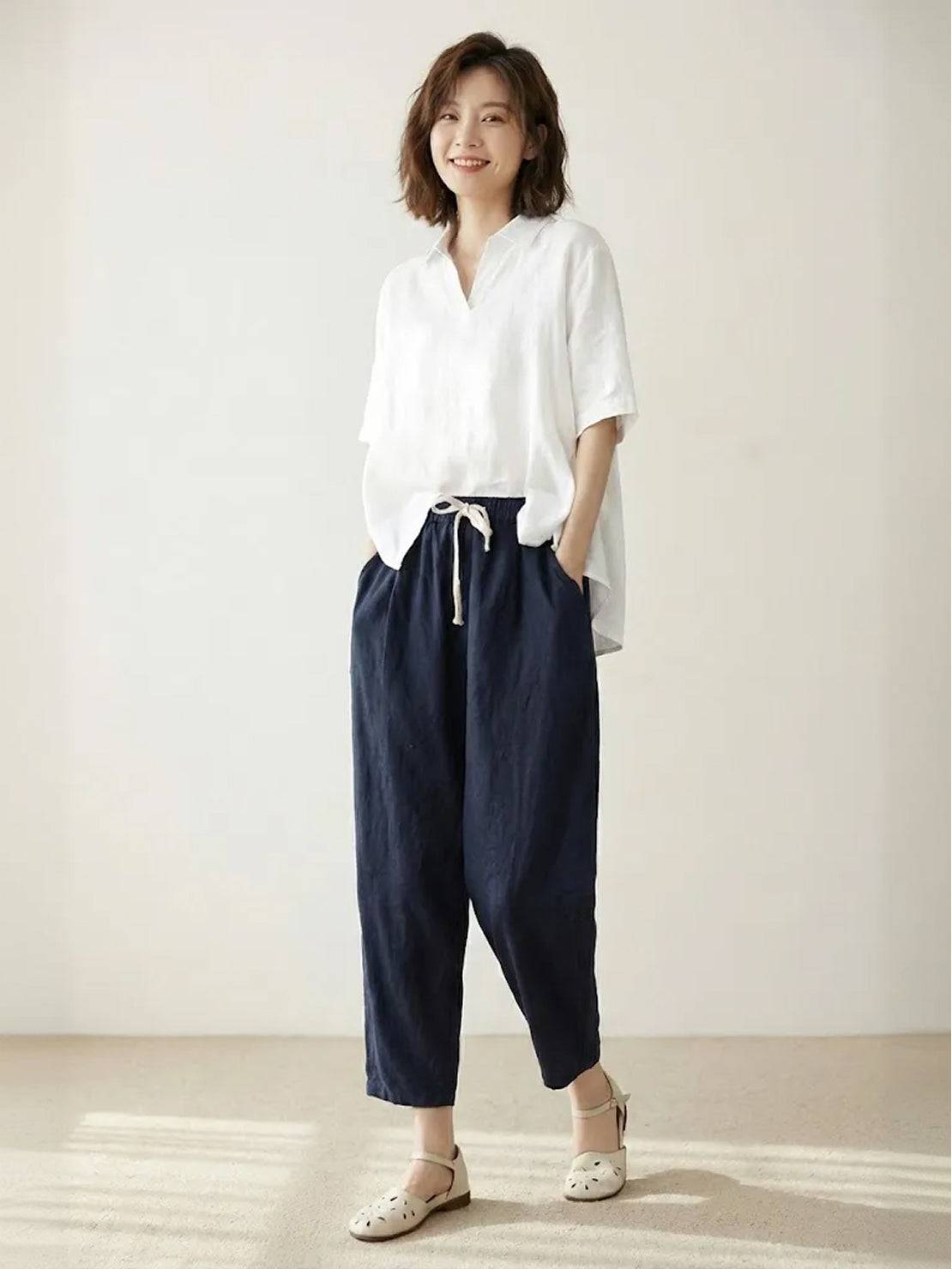 Xelia | Relaxed Tapered Fit Pants with Elasticated Drawstring Waist