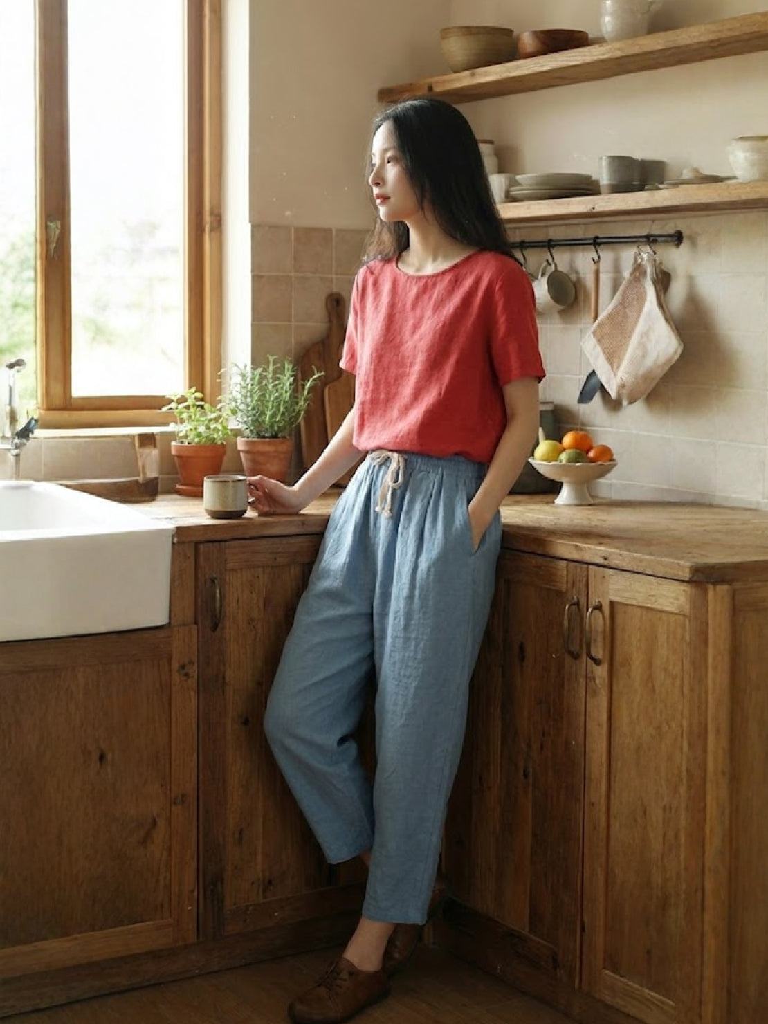 Xelia | Relaxed Tapered Fit Pants with Elasticated Drawstring Waist