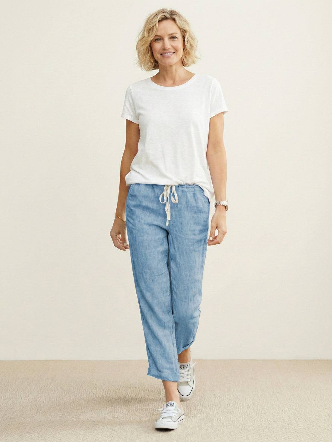Xelia | Relaxed Tapered Fit Pants with Elasticated Drawstring Waist