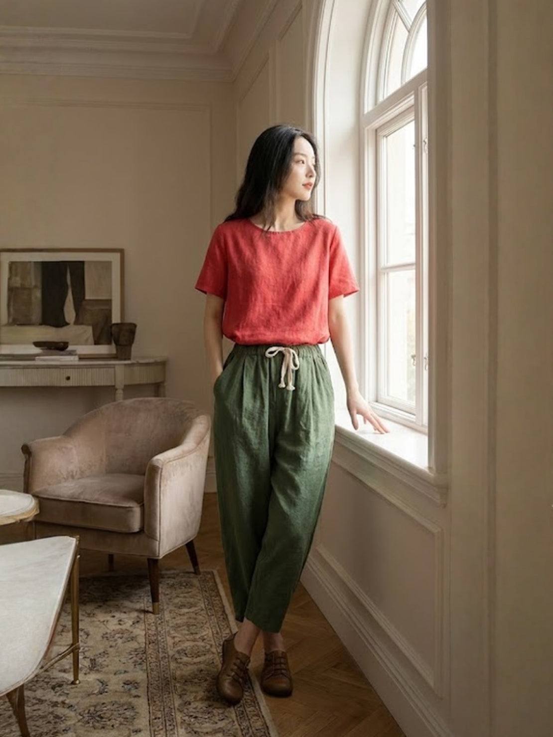 Xelia | Relaxed Tapered Fit Pants with Elasticated Drawstring Waist