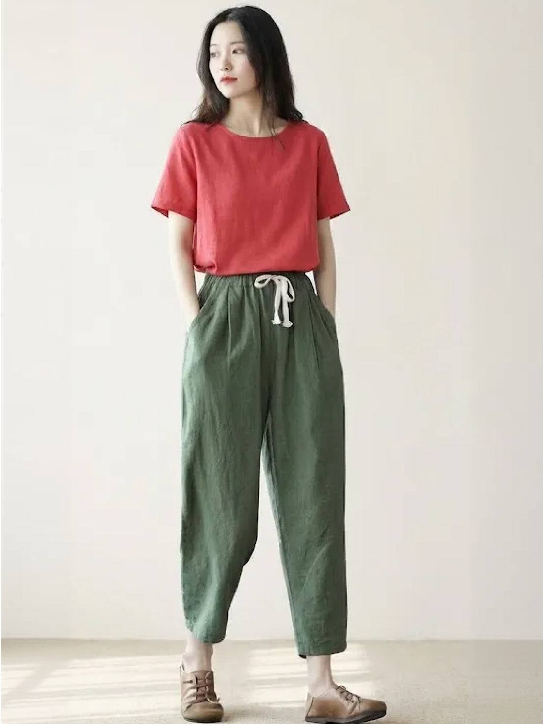Xelia | Relaxed Tapered Fit Pants with Elasticated Drawstring Waist