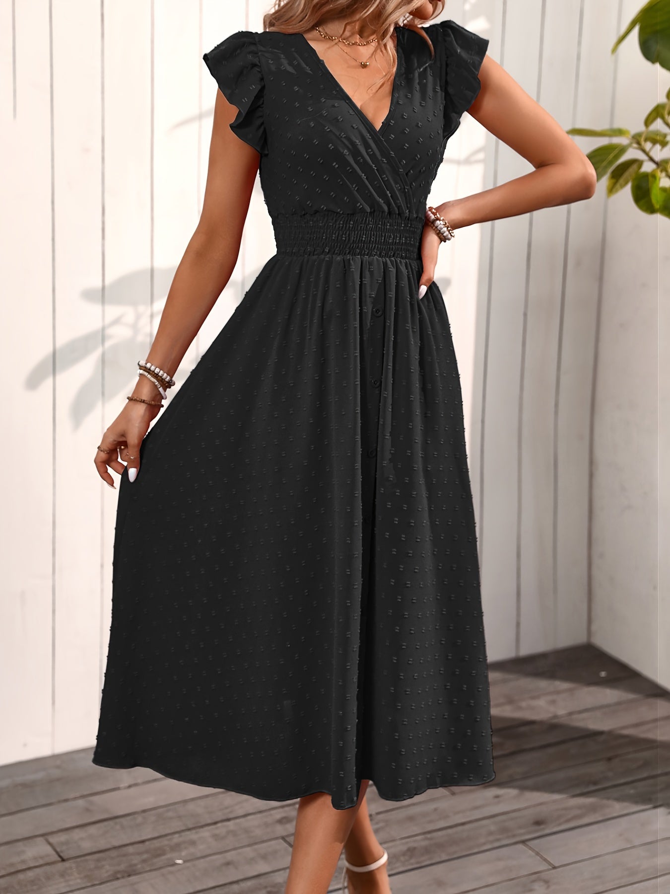 Carissa | Elegant Polka Dot Midi Dress with Ruffle Sleeves and Smocked Waist