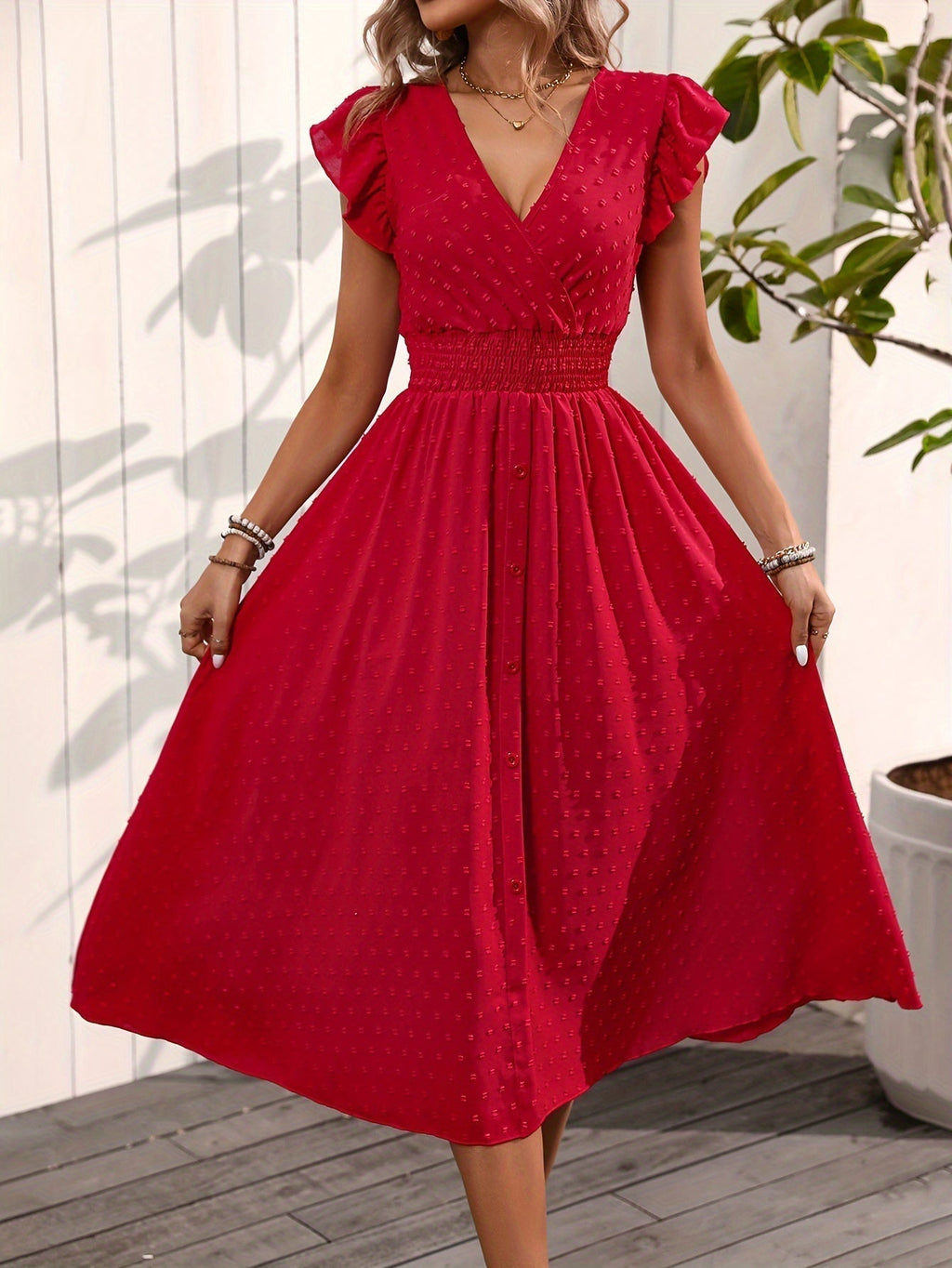 Carissa | Elegant Polka Dot Midi Dress with Ruffle Sleeves and Smocked Waist