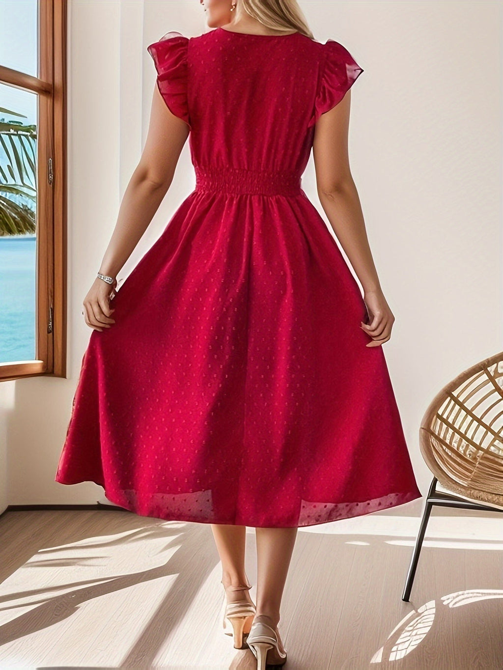 Carissa | Elegant Polka Dot Midi Dress with Ruffle Sleeves and Smocked Waist