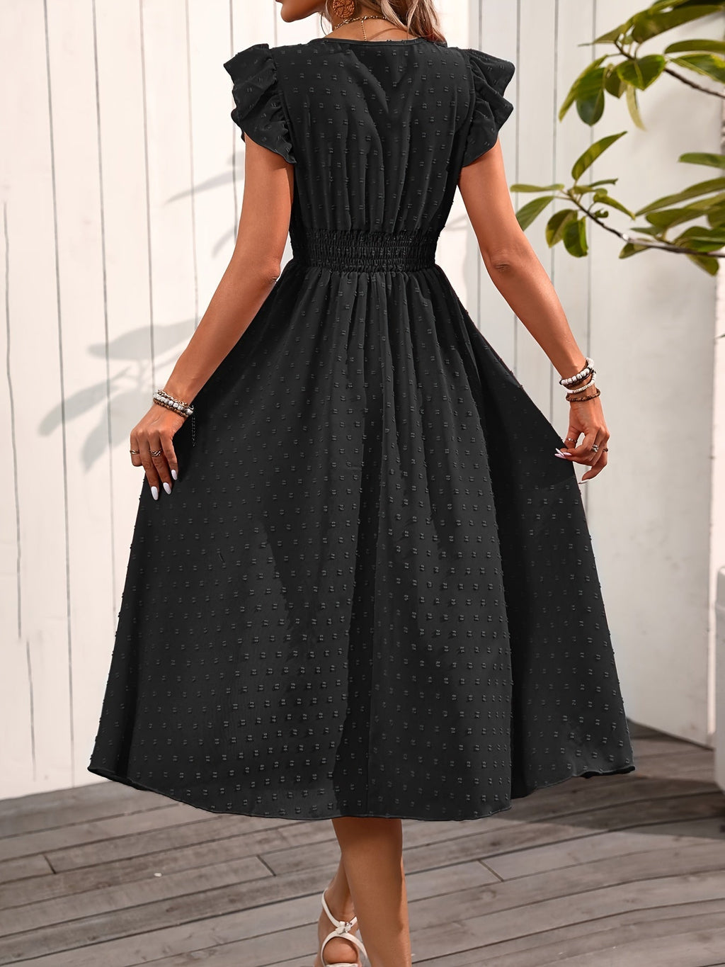 Carissa | Elegant Polka Dot Midi Dress with Ruffle Sleeves and Smocked Waist