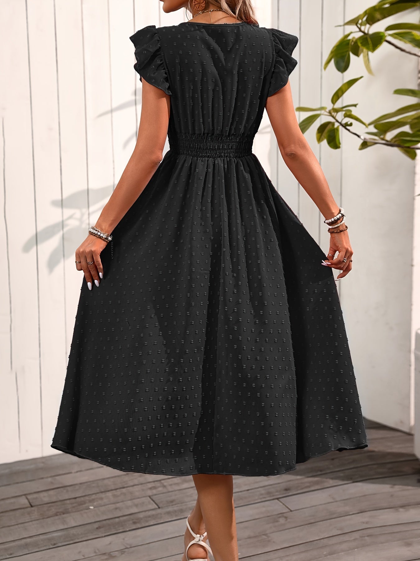 Carissa | Elegant Polka Dot Midi Dress with Ruffle Sleeves and Smocked Waist