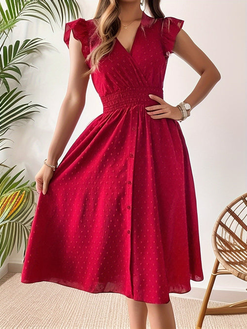 Carissa | Elegant Polka Dot Midi Dress with Ruffle Sleeves and Smocked Waist