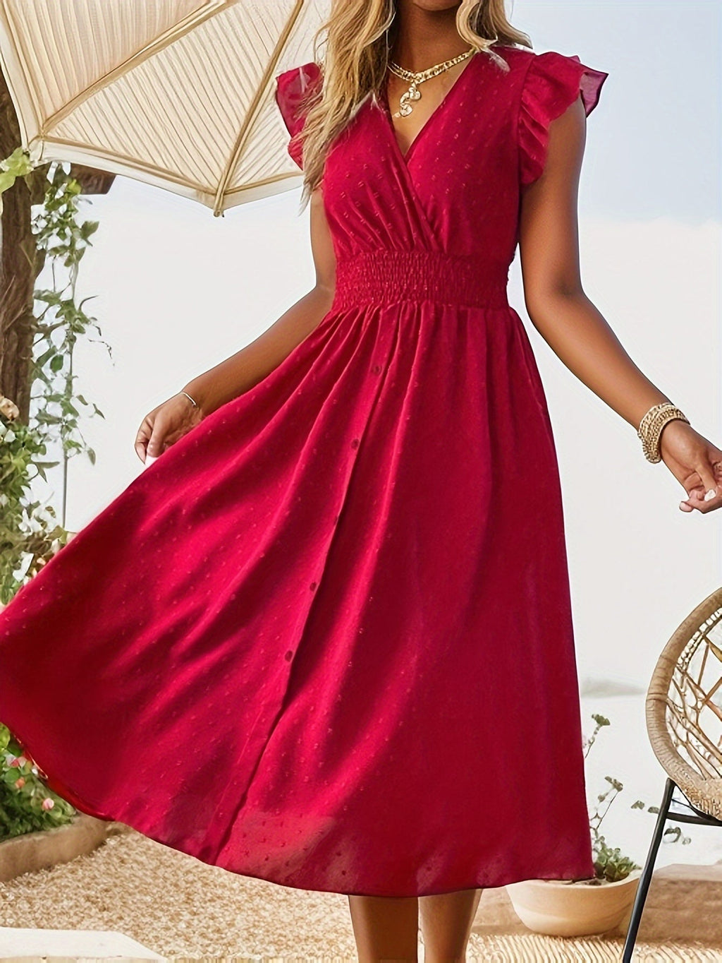 Carissa | Elegant Polka Dot Midi Dress with Ruffle Sleeves and Smocked Waist