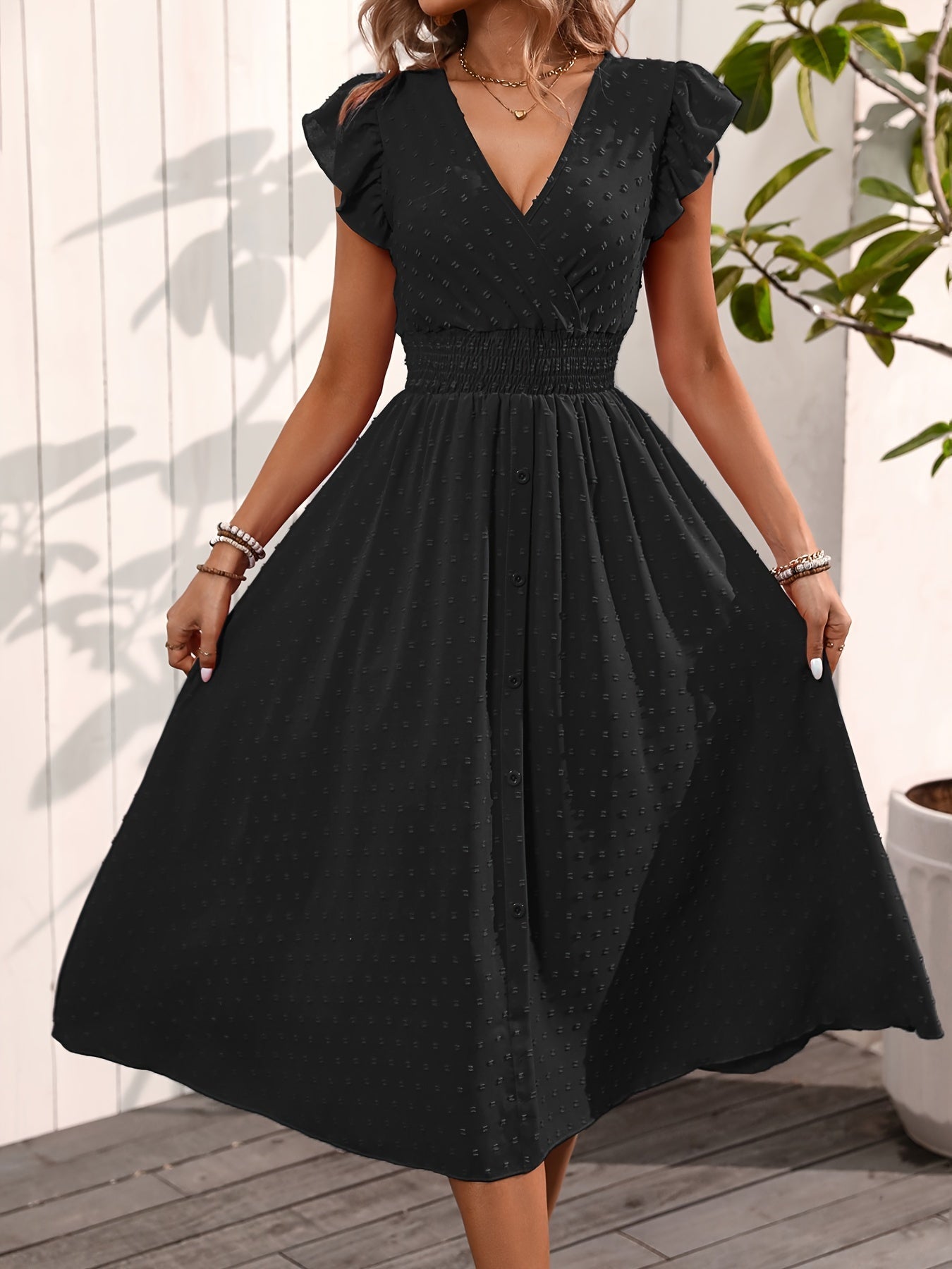 Carissa | Elegant Polka Dot Midi Dress with Ruffle Sleeves and Smocked Waist